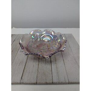 Imperial Iridescent Glass Footed 8”Carnival Bowl Roses Pink Luster Ruffled Edge